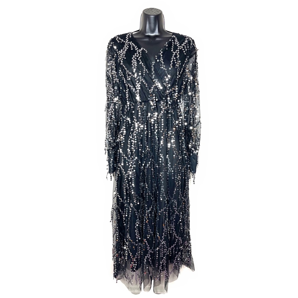 Sheer Black & Silver Mesh Dripping Sequins Long Sleeve Elegant Party Prom Dress
